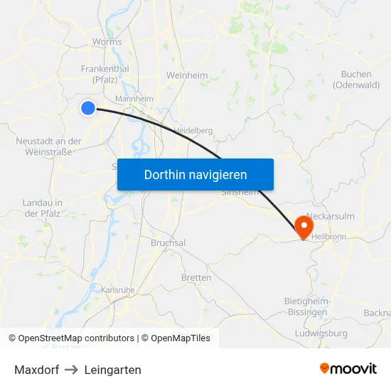 Maxdorf to Leingarten map