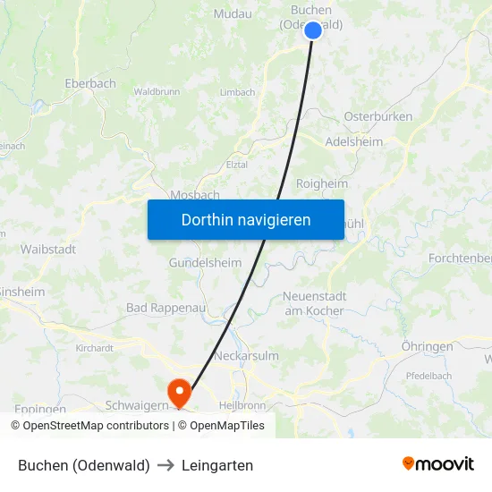 Buchen (Odenwald) to Leingarten map