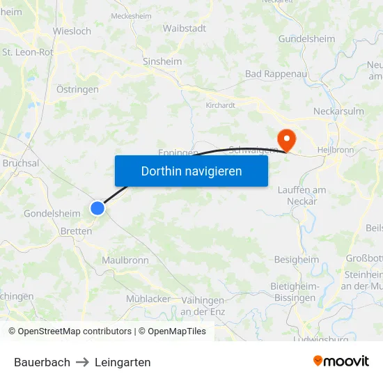Bauerbach to Leingarten map