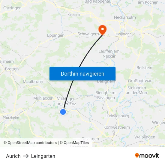 Aurich to Leingarten map