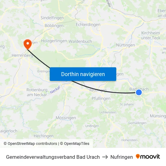 Gemeindeverwaltungsverband Bad Urach to Nufringen map