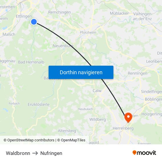 Waldbronn to Nufringen map