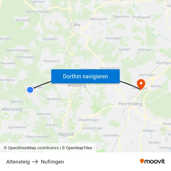 Altensteig to Nufringen map