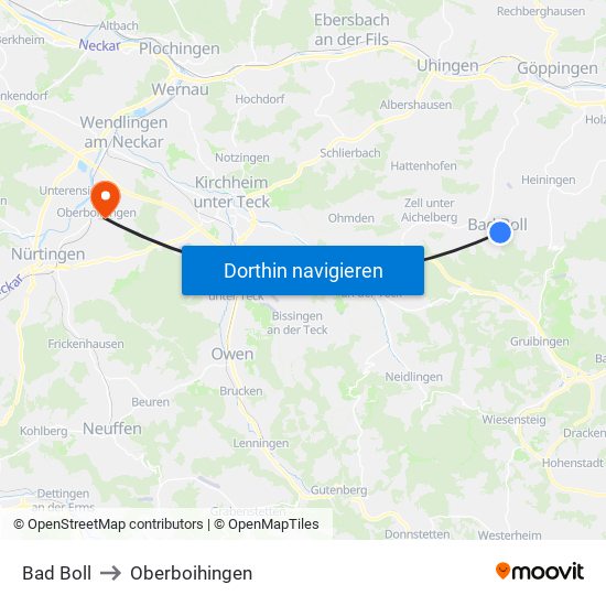 Bad Boll to Oberboihingen map