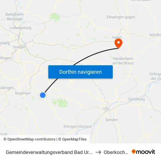 Gemeindeverwaltungsverband Bad Urach to Oberkochen map