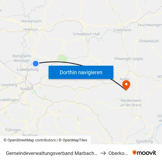 Gemeindeverwaltungsverband Marbach am Neckar to Oberkochen map