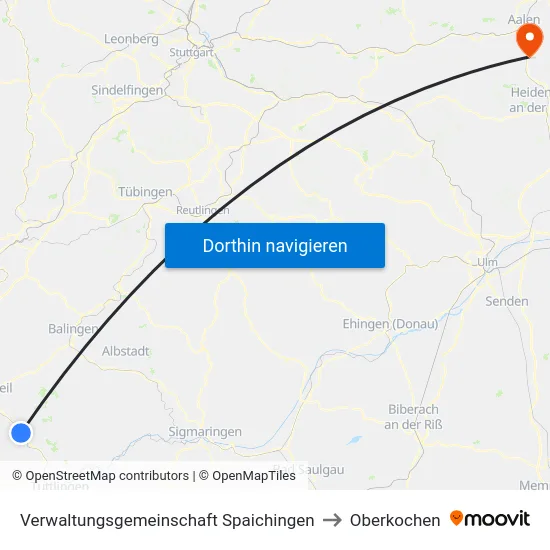 Verwaltungsgemeinschaft Spaichingen to Oberkochen map