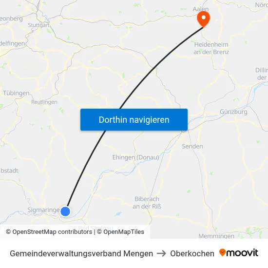 Gemeindeverwaltungsverband Mengen to Oberkochen map
