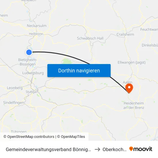 Gemeindeverwaltungsverband Bönnigheim to Oberkochen map