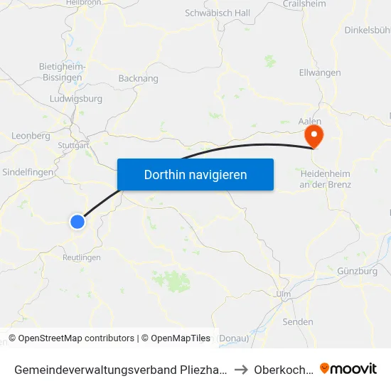 Gemeindeverwaltungsverband Pliezhausen to Oberkochen map