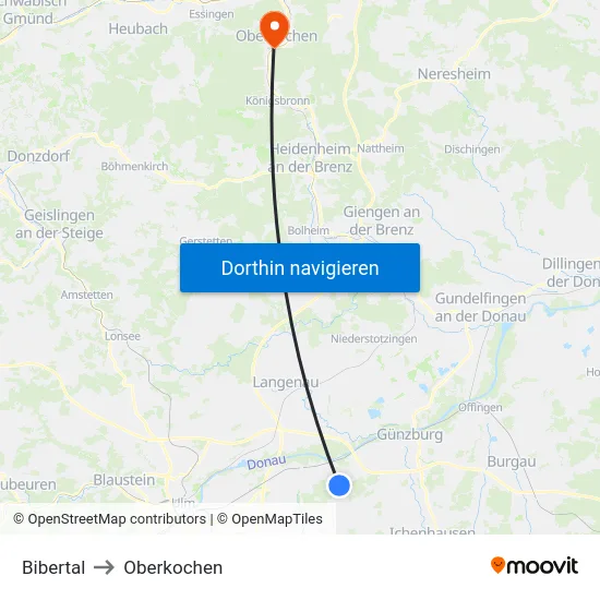 Bibertal to Oberkochen map