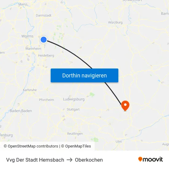 Vvg Der Stadt Hemsbach to Oberkochen map
