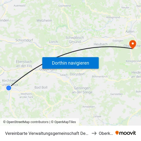 Vereinbarte Verwaltungsgemeinschaft Der Stadt Kirchheim Unter Teck to Oberkochen map