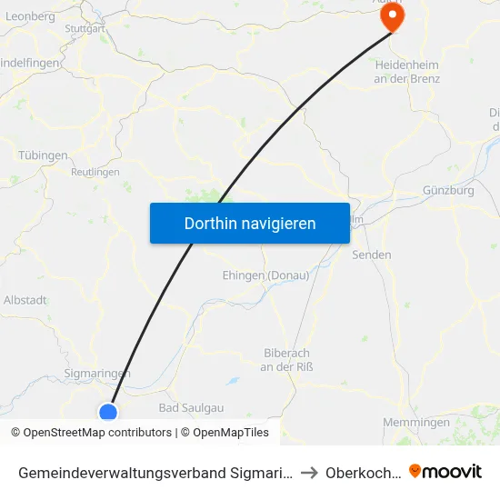 Gemeindeverwaltungsverband Sigmaringen to Oberkochen map