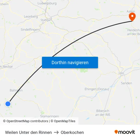 Weilen Unter den Rinnen to Oberkochen map