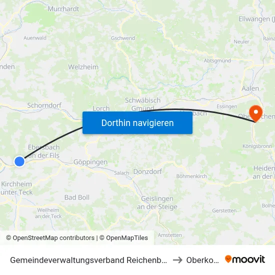 Gemeindeverwaltungsverband Reichenbach An Der Fils to Oberkochen map