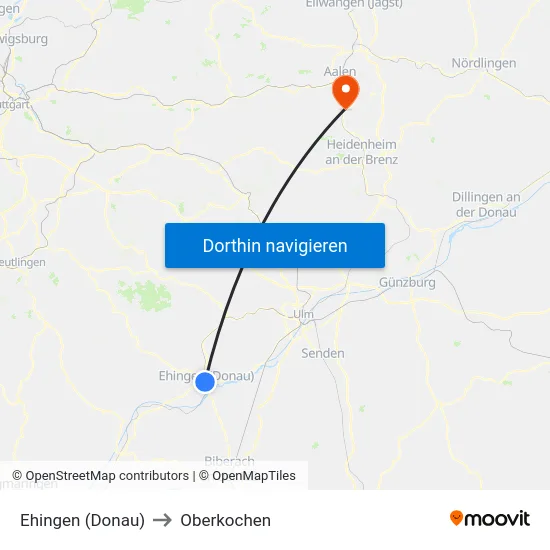 Ehingen (Donau) to Oberkochen map