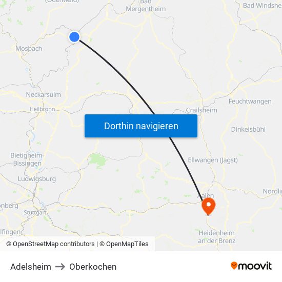 Adelsheim to Oberkochen map