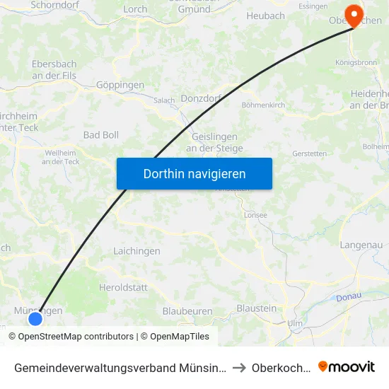 Gemeindeverwaltungsverband Münsingen to Oberkochen map
