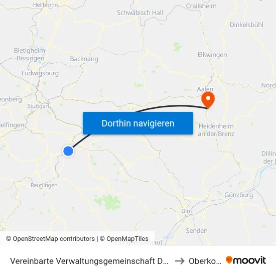 Vereinbarte Verwaltungsgemeinschaft Der Stadt Nürtingen to Oberkochen map