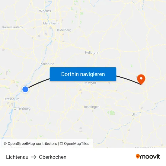 Lichtenau to Oberkochen map