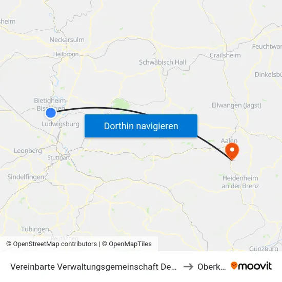 Vereinbarte Verwaltungsgemeinschaft Der Stadt Bietigheim-Bissingen to Oberkochen map