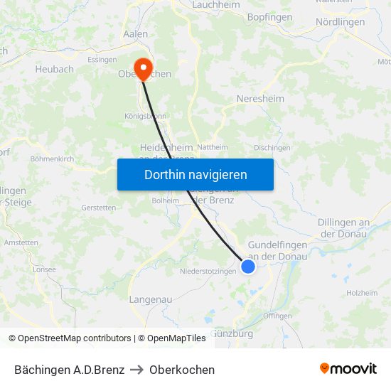 Bächingen A.D.Brenz to Oberkochen map