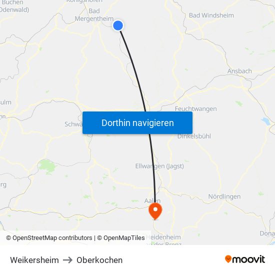 Weikersheim to Oberkochen map