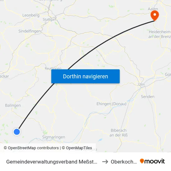 Gemeindeverwaltungsverband Meßstetten to Oberkochen map