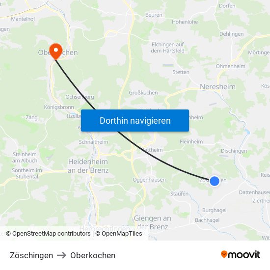 Zöschingen to Oberkochen map