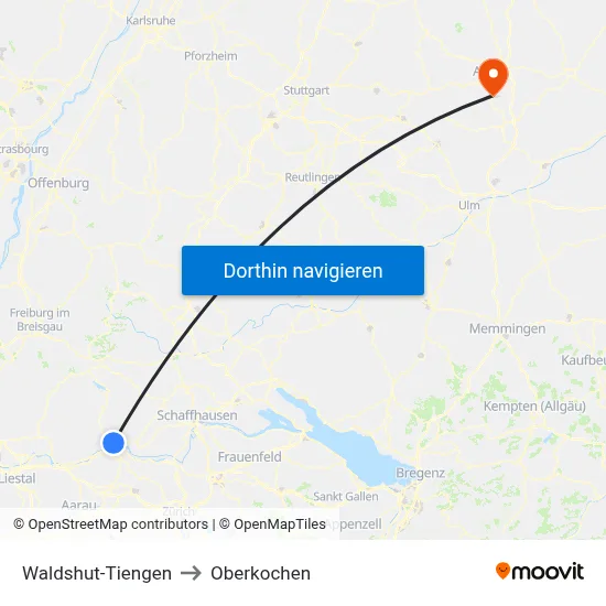 Waldshut-Tiengen to Oberkochen map