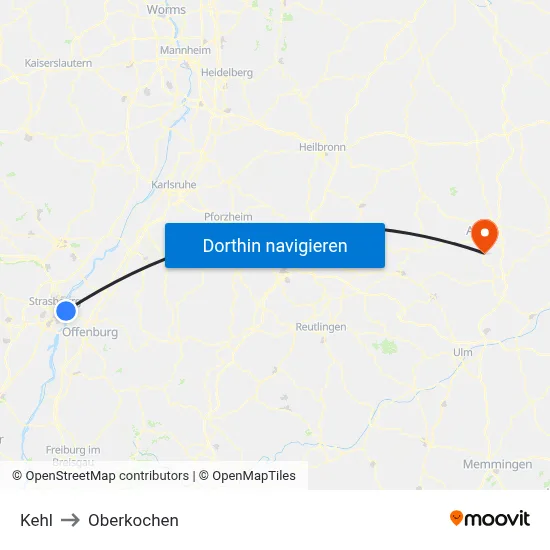 Kehl to Oberkochen map