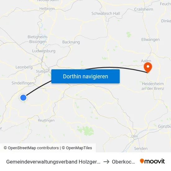 Gemeindeverwaltungsverband Holzgerlingen to Oberkochen map
