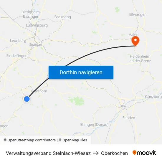 Verwaltungsverband Steinlach-Wiesaz to Oberkochen map