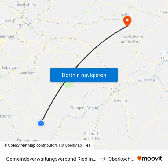 Gemeindeverwaltungsverband Riedlingen to Oberkochen map