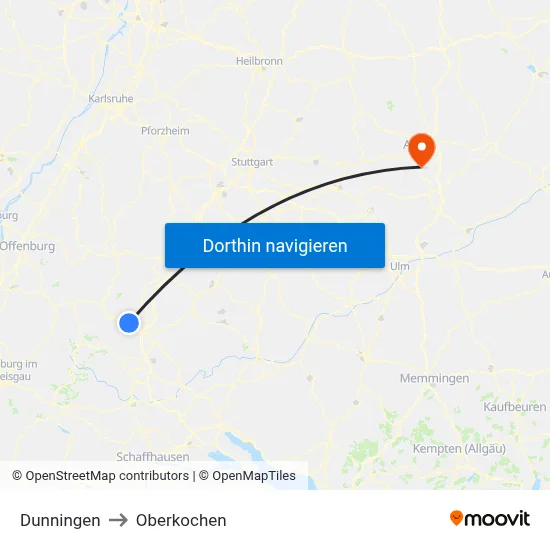 Dunningen to Oberkochen map