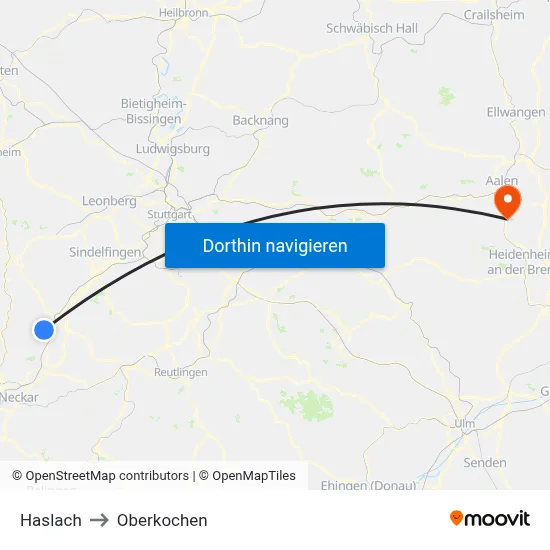Haslach to Oberkochen map