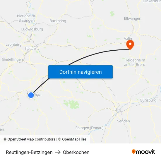 Reutlingen-Betzingen to Oberkochen map
