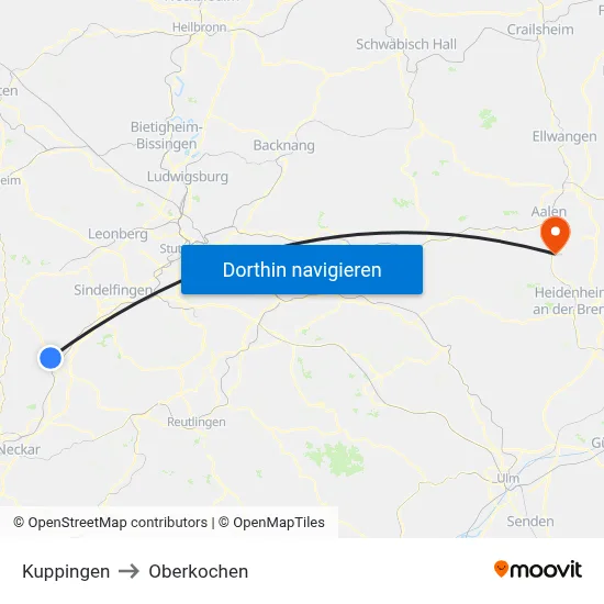 Kuppingen to Oberkochen map