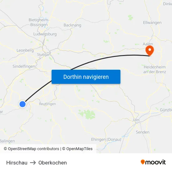 Hirschau to Oberkochen map