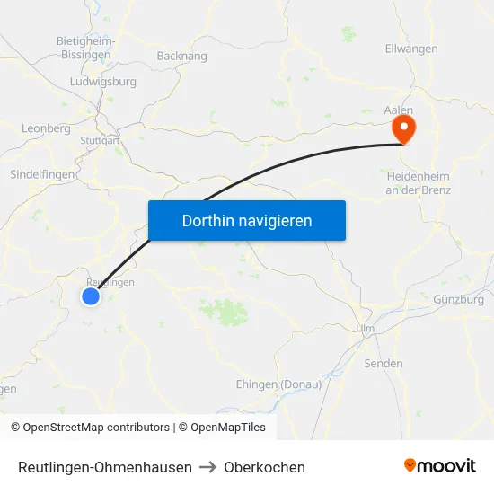 Reutlingen-Ohmenhausen to Oberkochen map