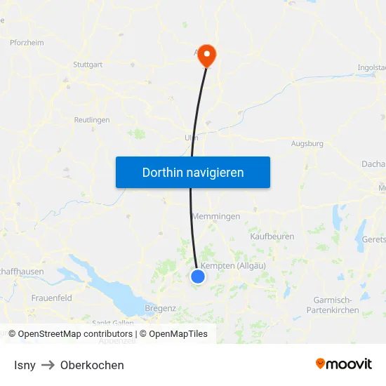 Isny to Oberkochen map