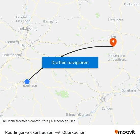 Reutlingen-Sickenhausen to Oberkochen map