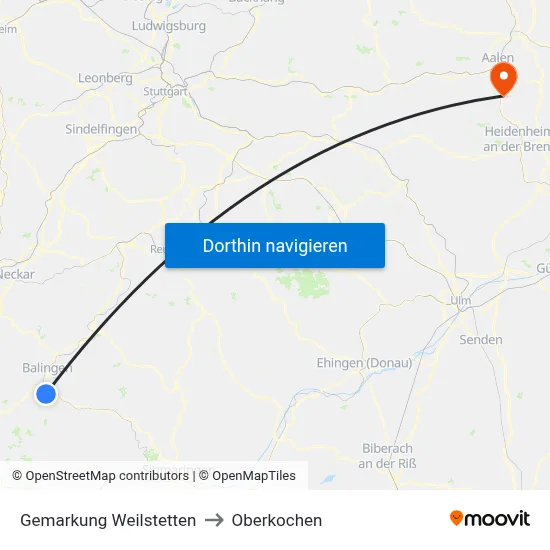 Gemarkung Weilstetten to Oberkochen map