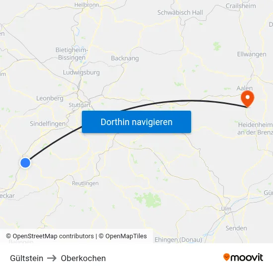 Gültstein to Oberkochen map