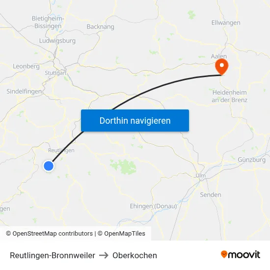 Reutlingen-Bronnweiler to Oberkochen map