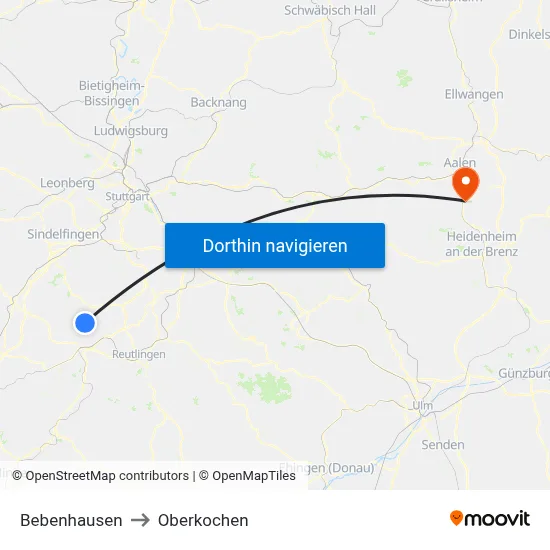 Bebenhausen to Oberkochen map