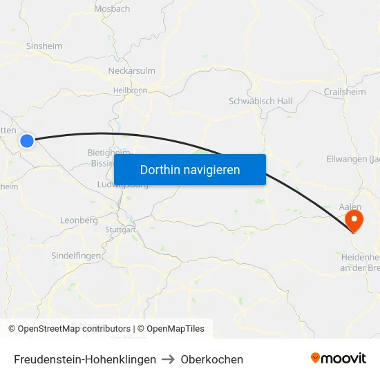 Freudenstein-Hohenklingen to Oberkochen map