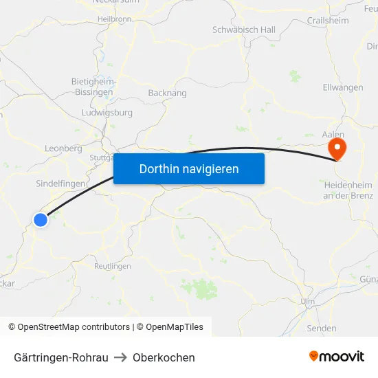 Gärtringen-Rohrau to Oberkochen map