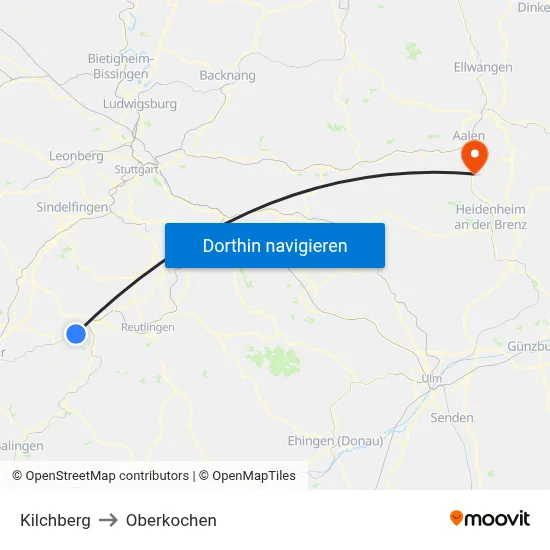 Kilchberg to Oberkochen map